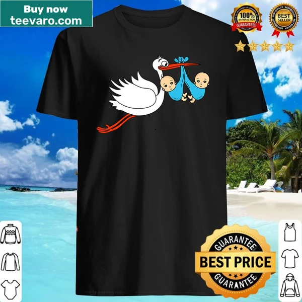 Shirt featuring a stork carrying twin boys for future moms