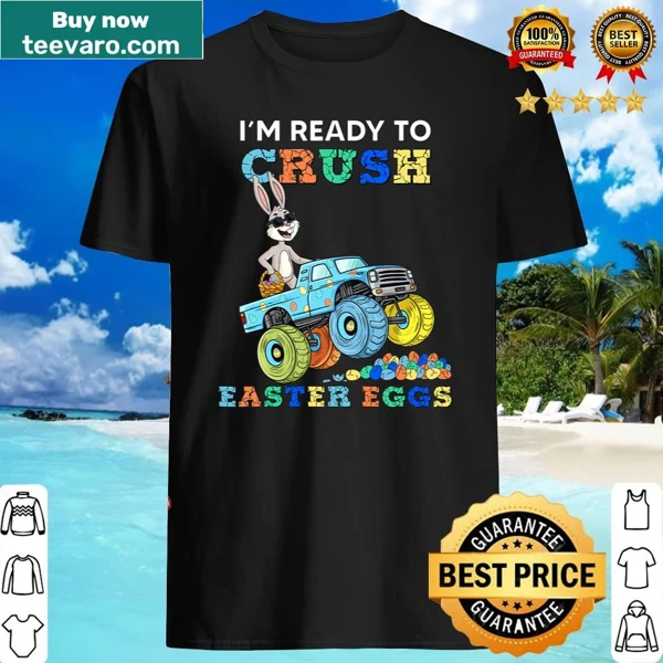 Cartoon rabbit driving a monster truck with Easter eggs graphic
