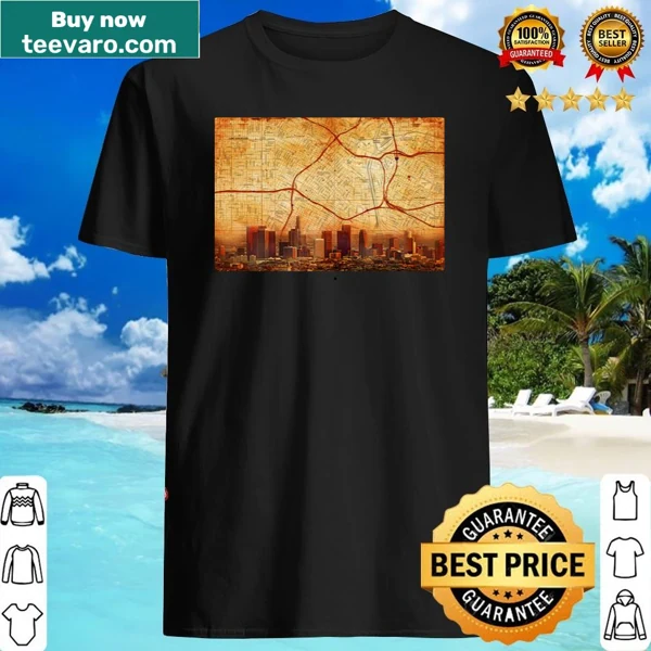 Vintage-style map of downtown Los Angeles on shirt
