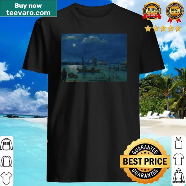 Realistic moonlit river landscape with fishermen on T-shirt