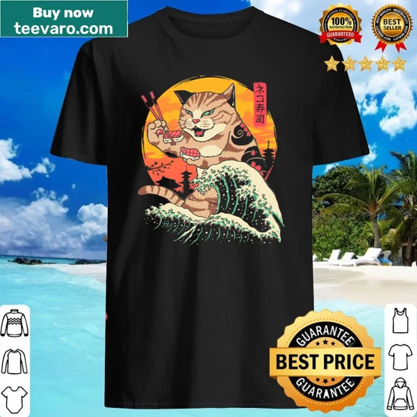 Illustration shirt featuring cat-themed sushi and waves