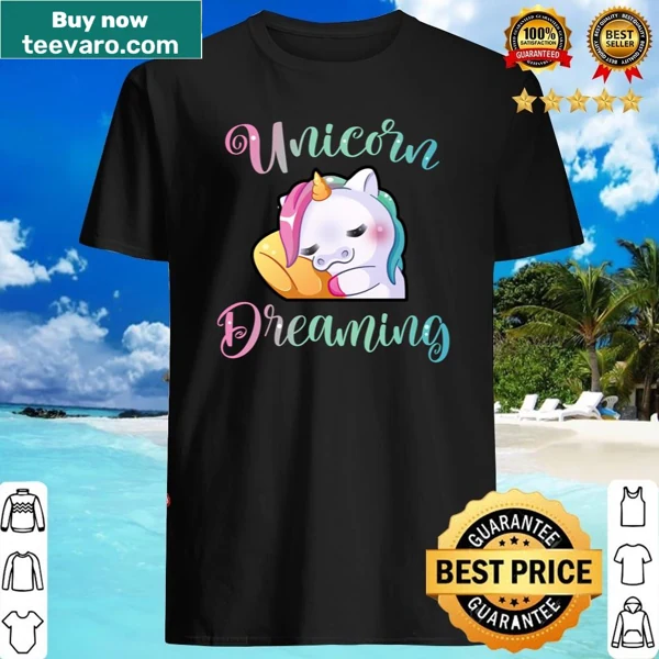 Cute shirt with a rainbow unicorn sleeping on a golden pillow
