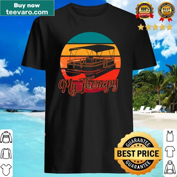 Vintage-style shirt featuring pontoon illustration and the phrase 'Pontooning Is My Therapy'.