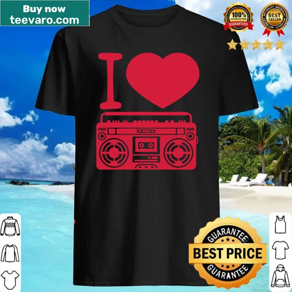 Retro shirt featuring a ghettoblaster heart design and music elements