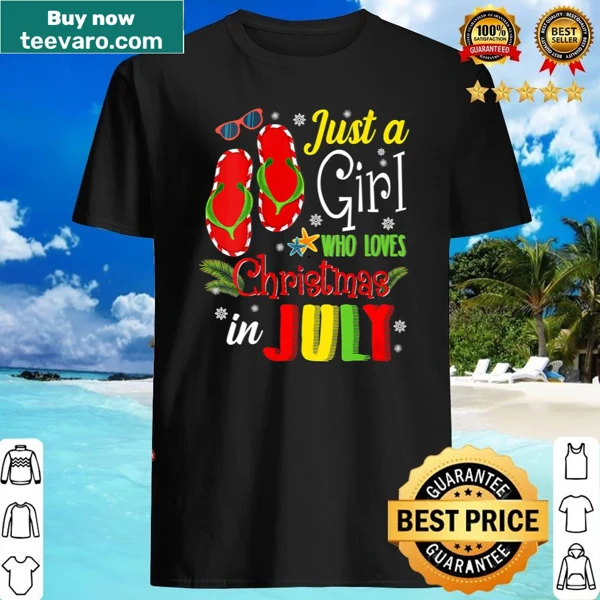 Cute summer V-neck shirt with 'Just A Girl Who Loves Christmas In July' text
