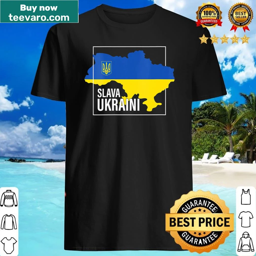 V-neck shirt with 'Slava Ukraini' empowering phrase design.