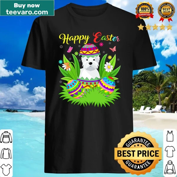 Funny Westie Easter t-shirt with floral and egg graphics