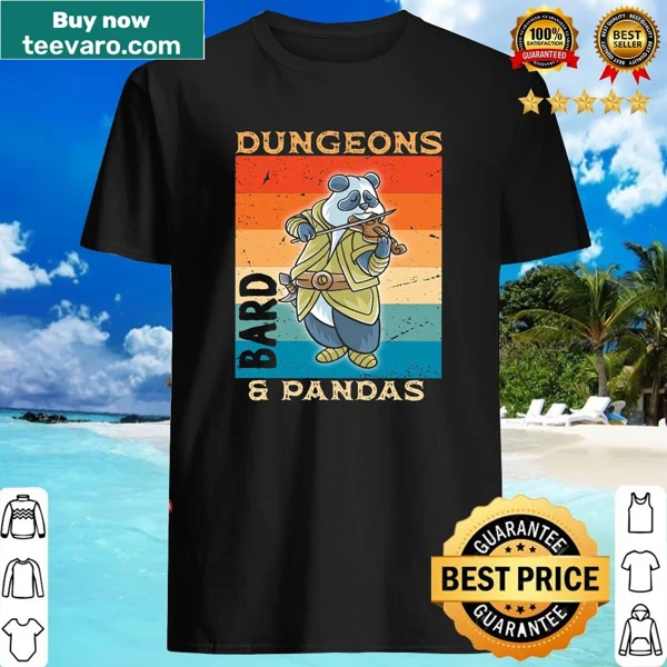 Cartoon panda bard holding D20 dice on shirt