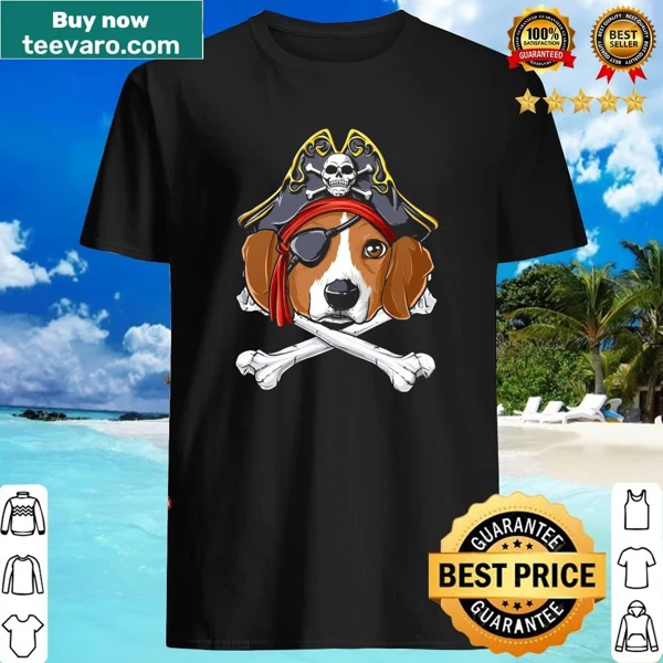 Cartoon beagle dressed as a pirate on a fun shirt