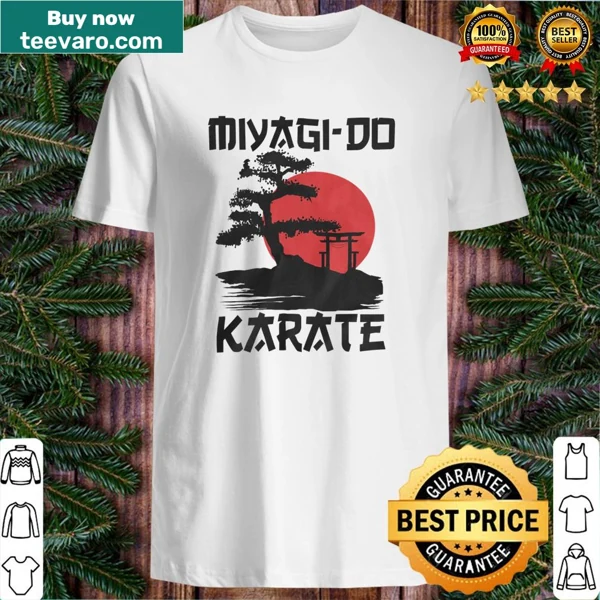 Vintage-style karate shirt with bonsai tree and martial arts symbols