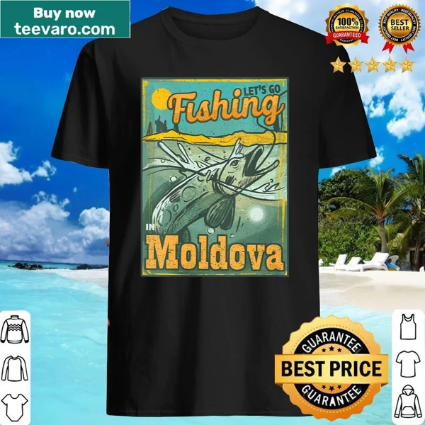 Illustration of fishing scene on a V-neck shirt, celebrating fishing in Moldova