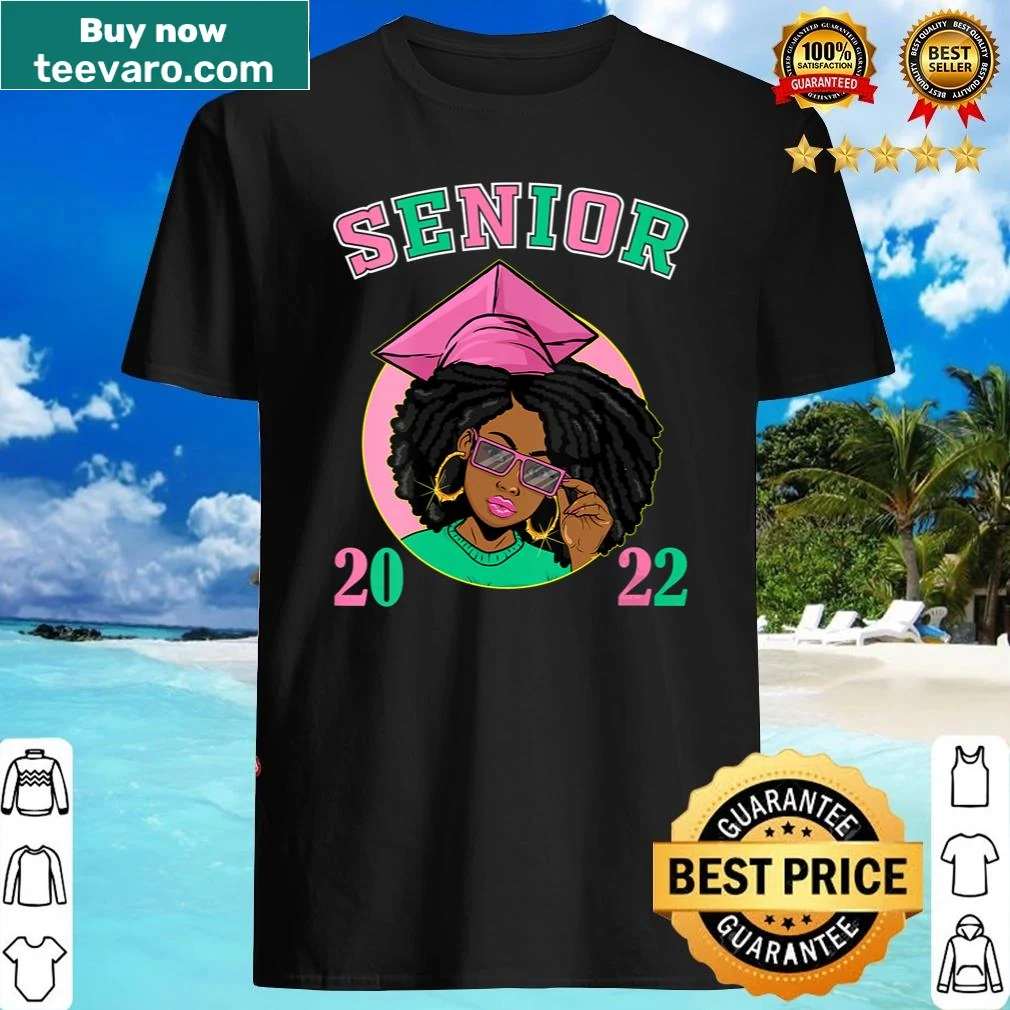Graduation V-neck shirt featuring the phrase Senor 2022 Black Girl Black Queen in pink and green