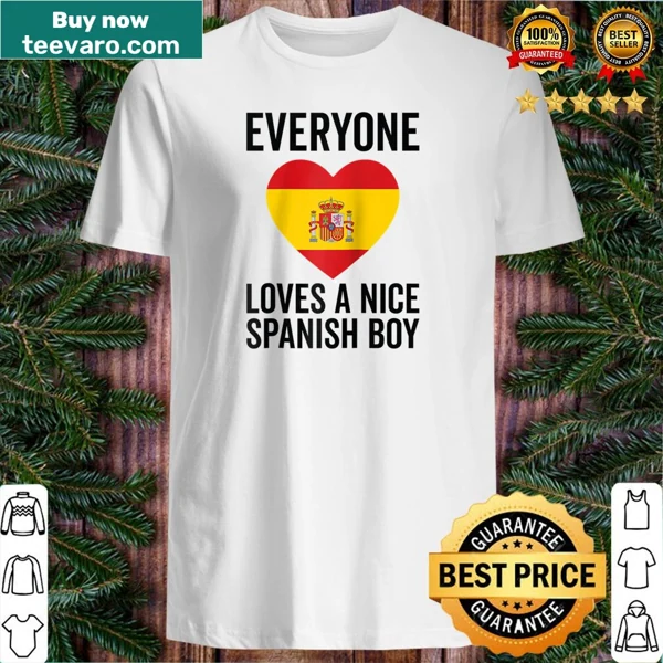 Spain flag raglan baseball tee with humorous text 'Everyone Loves A Nice Spanish Boy'