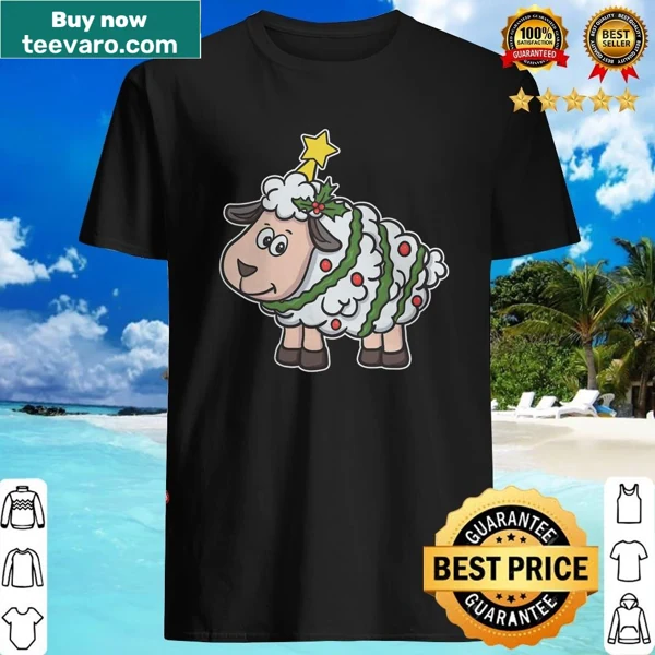 Festive shirt with a shepherd, sheep, and Christmas tree illustration.