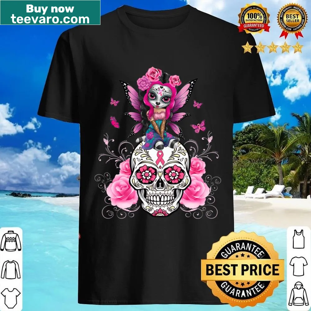 Sugar skull with butterfly design and breast cancer theme on black t-shirt