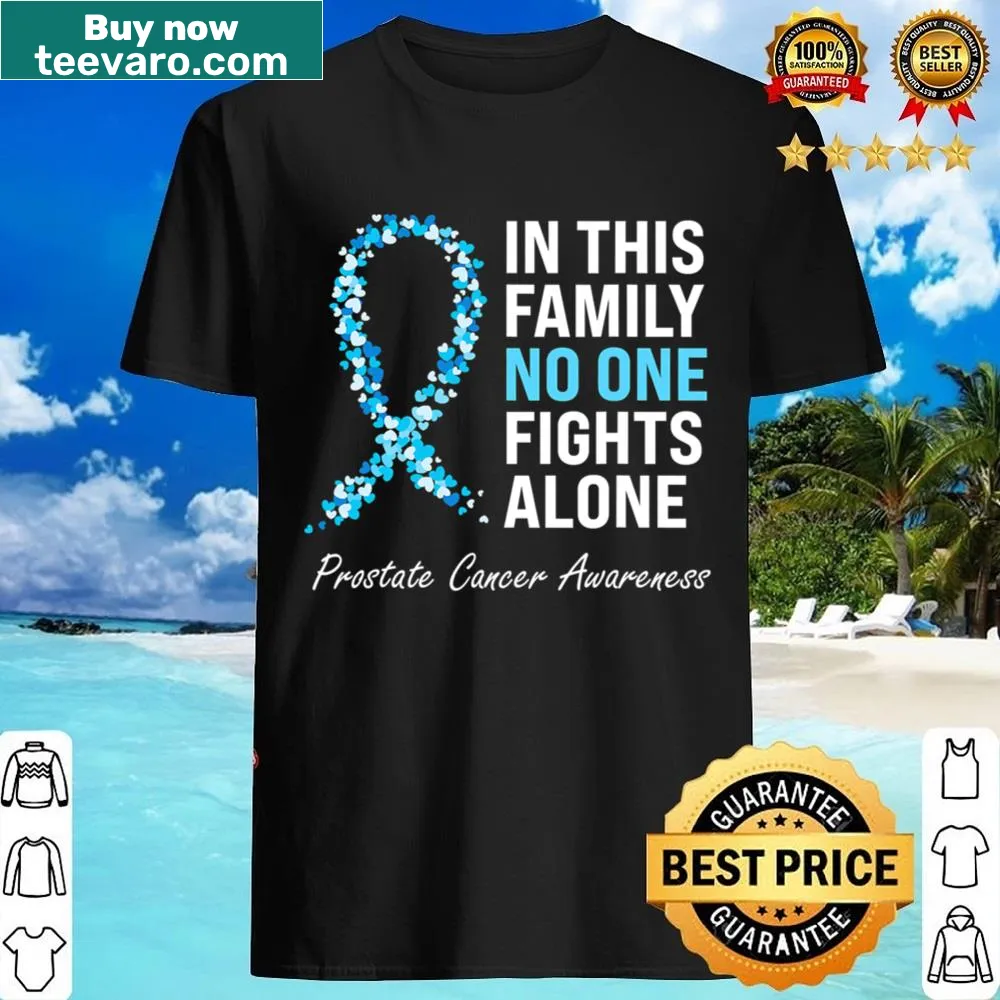 Light blue ribbon graphic for prostate cancer awareness on black shirt