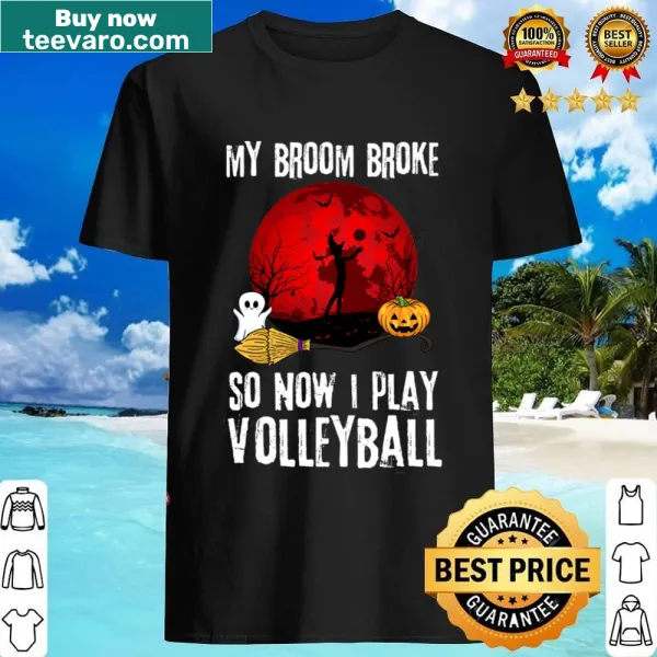 Playful shirt with a witch playing volleyball on a broomstick for Halloween
