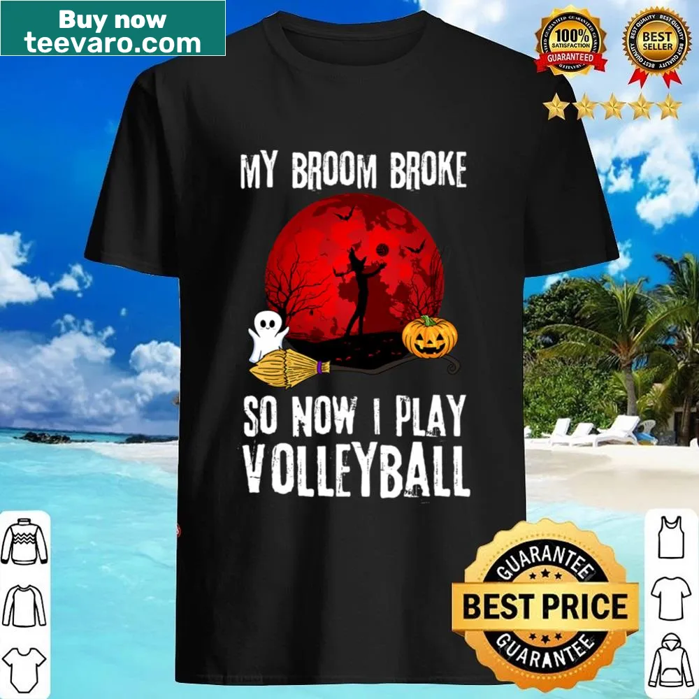 Playful shirt with a witch playing volleyball on a broomstick for Halloween