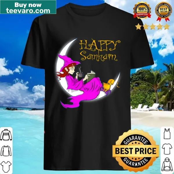 Whimsical Samhain shirt with witches, coffee, and cats