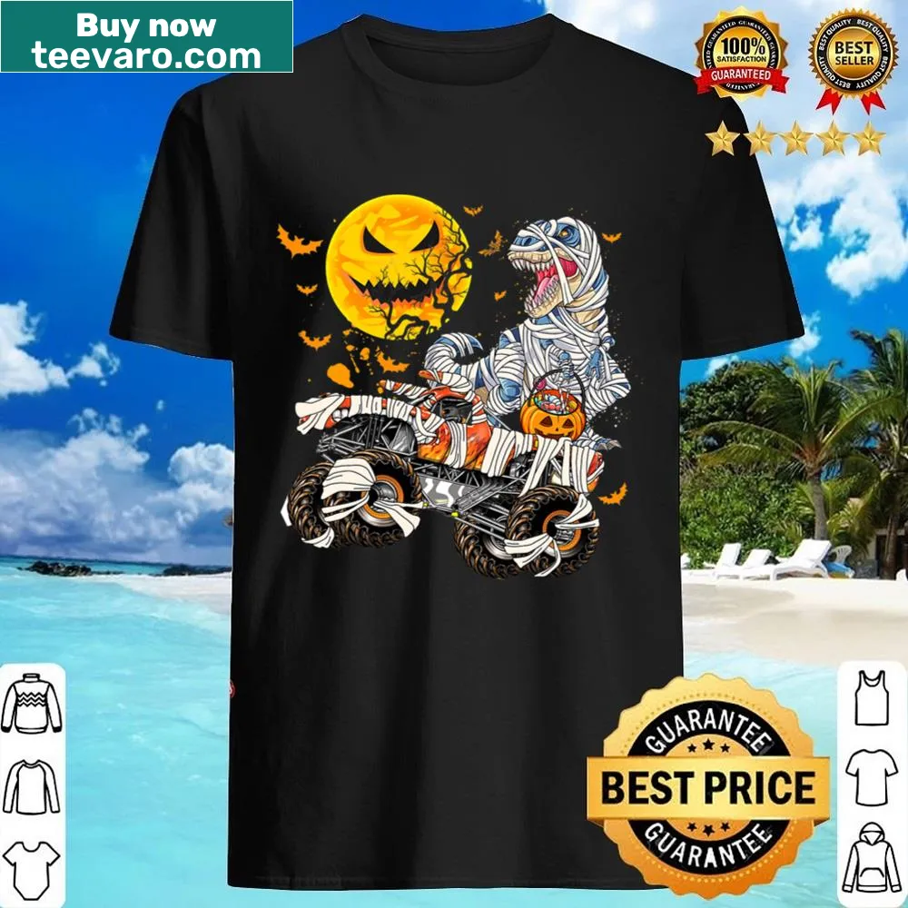 Cartoon mummy, dinosaur, and monster truck with pumpkins on a t-shirt