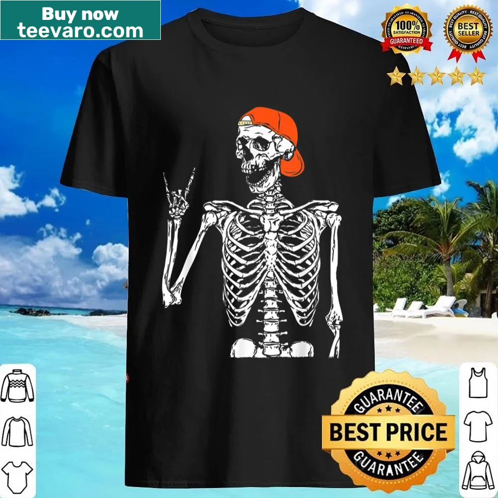 Skeleton hand making rock on gesture on Halloween shirt