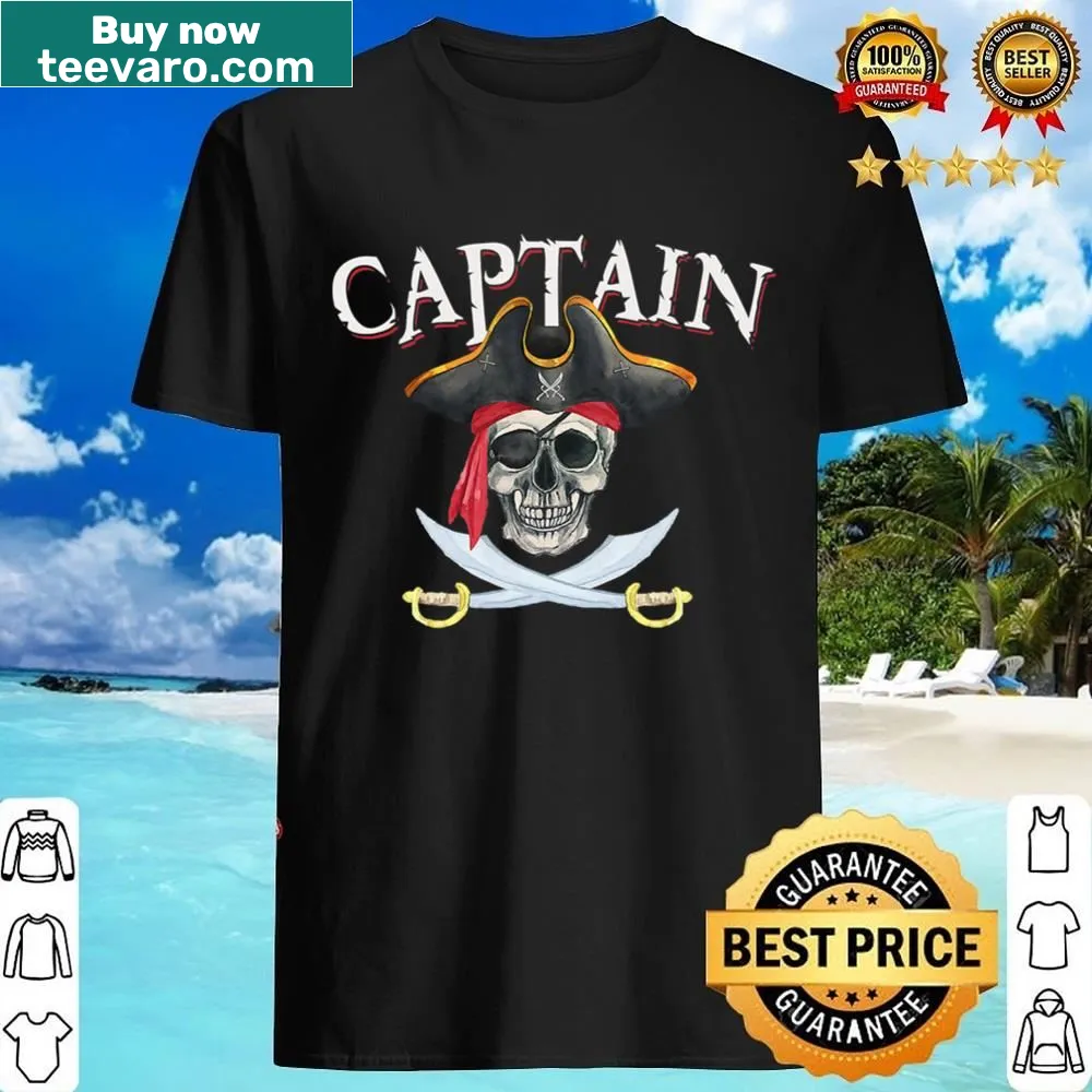 Illustration of a skull in a pirate hat on a nautical-themed shirt