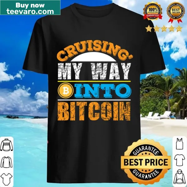 Playful Bitcoin-themed shirt with cruising graphics.