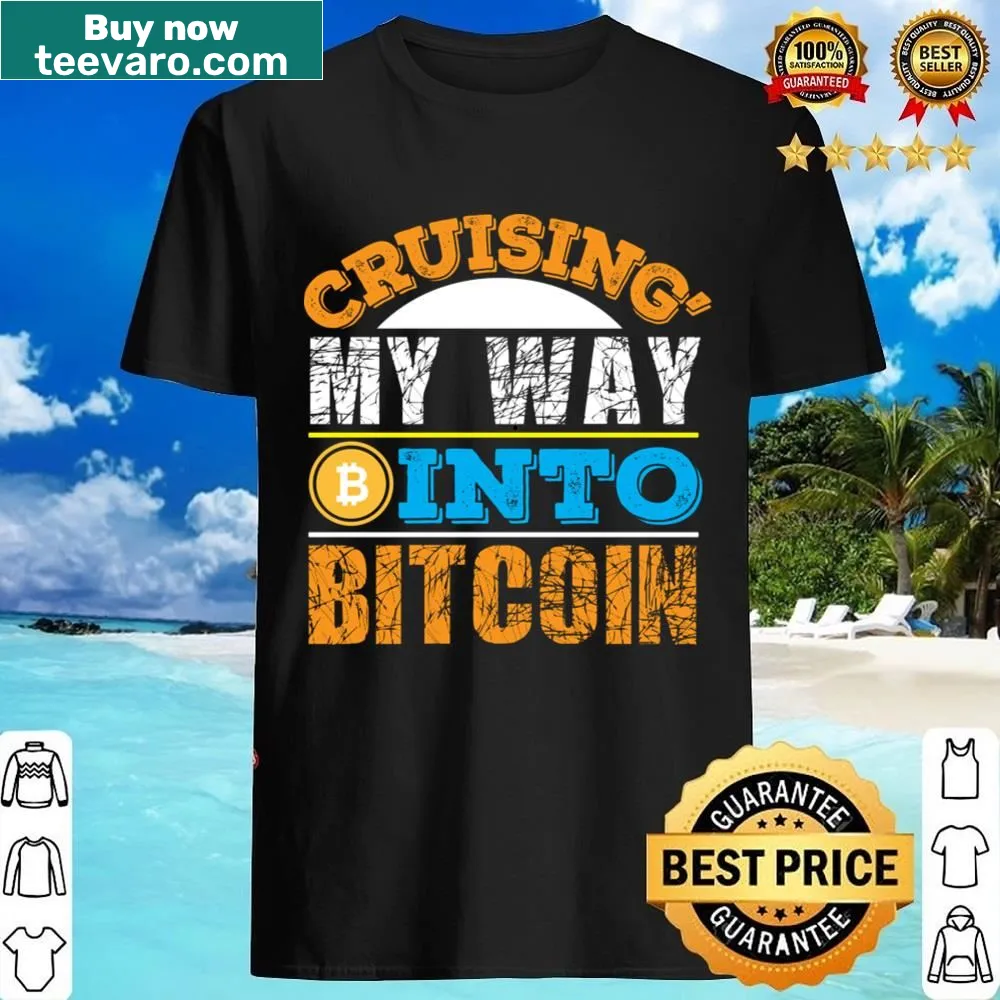 Playful Bitcoin-themed shirt with cruising graphics.