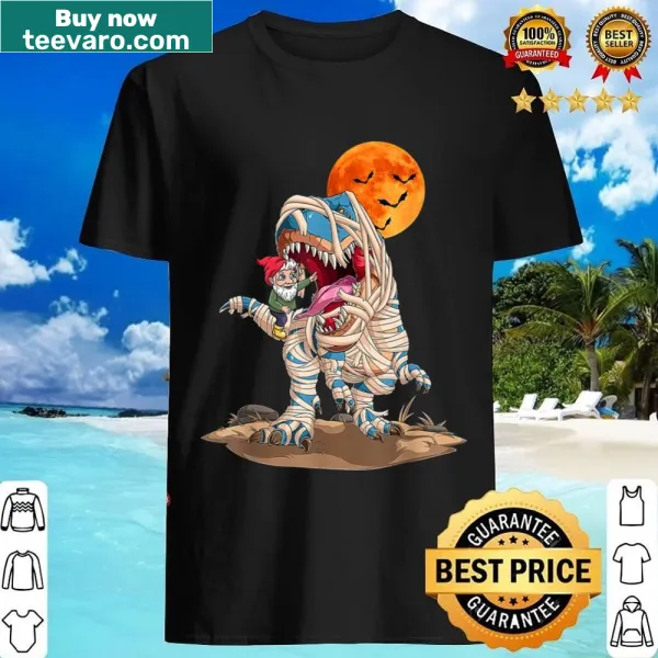 Cartoon shirt with a gnome riding a mummy T-Rex for kids