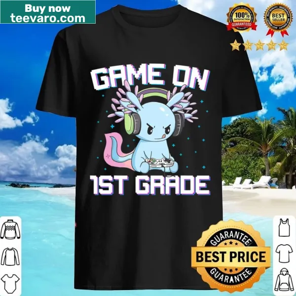 Axolotl gaming graphic with 'Game On' text on a kids shirt