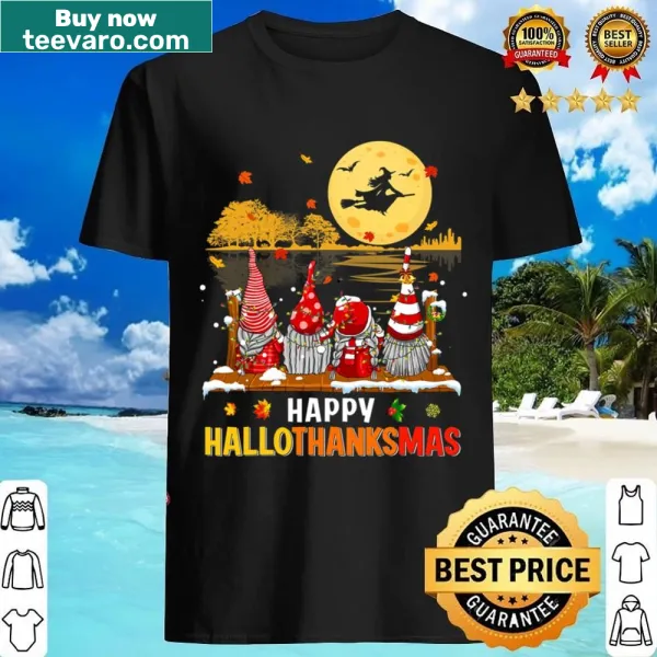 Cute gnome graphic celebrating Hallothanksmas on a T-shirt