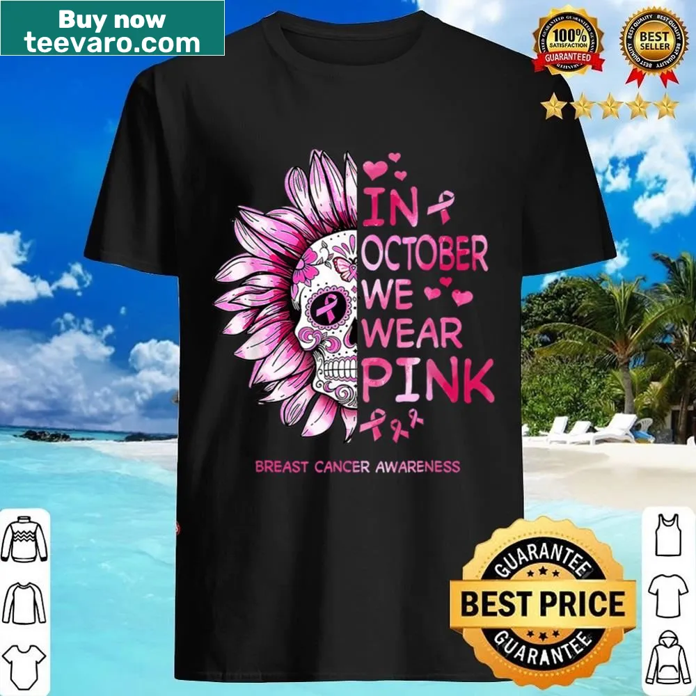 Sugar skull and sunflower design on a breast cancer awareness T-shirt