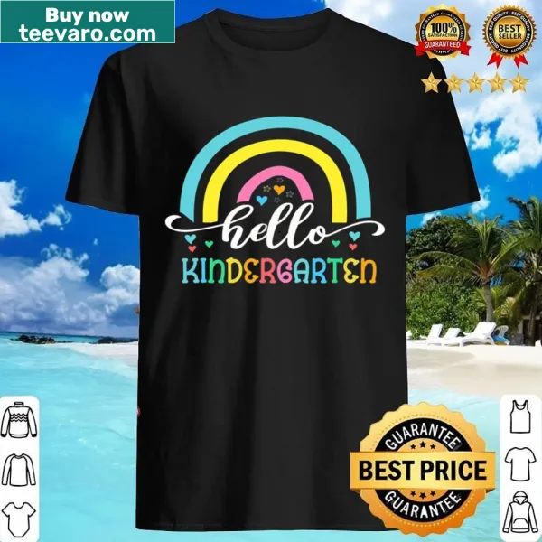 Retro T-shirt with rainbow and 'Hello Kindergarten' graphic for teachers