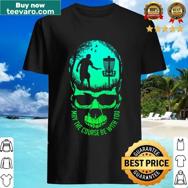 Disc golf themed shirt with skull and sunset graphic