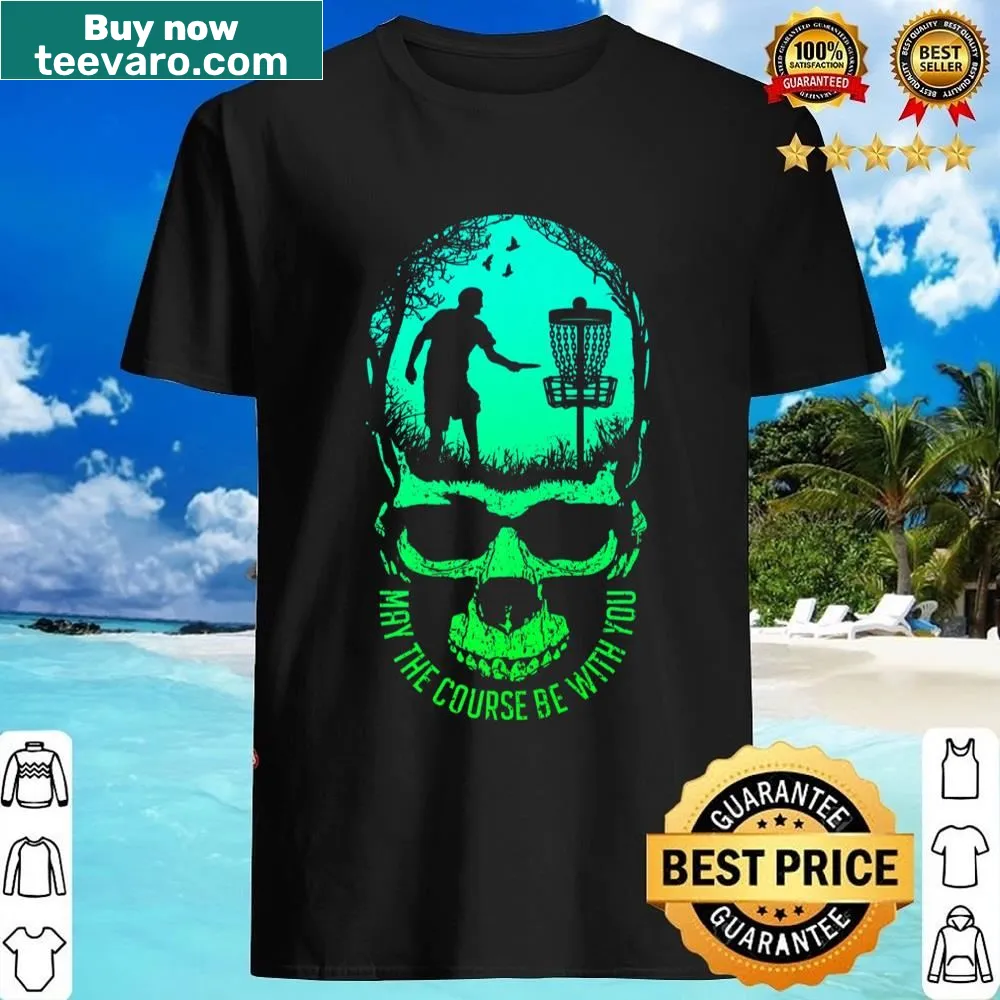 Disc golf themed shirt with skull and sunset graphic
