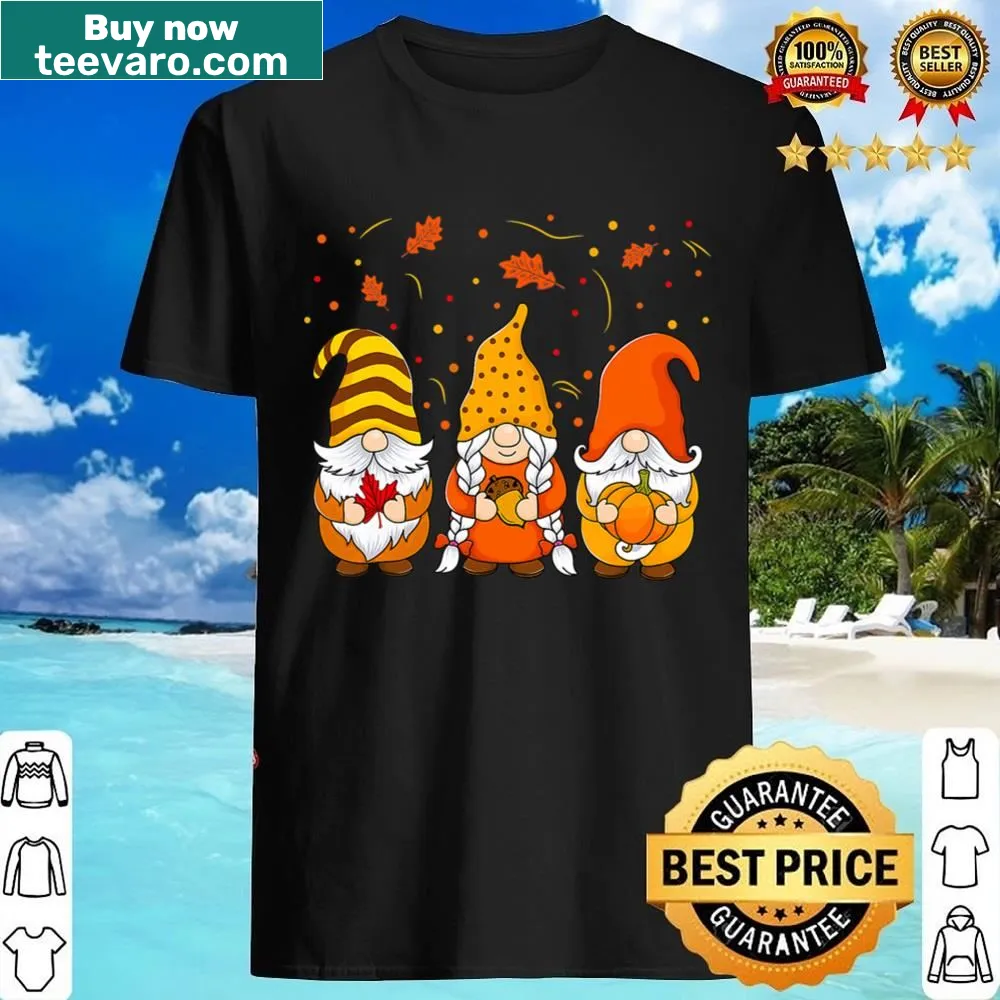 Cute gnomes with pumpkins on a fall-themed T-shirt