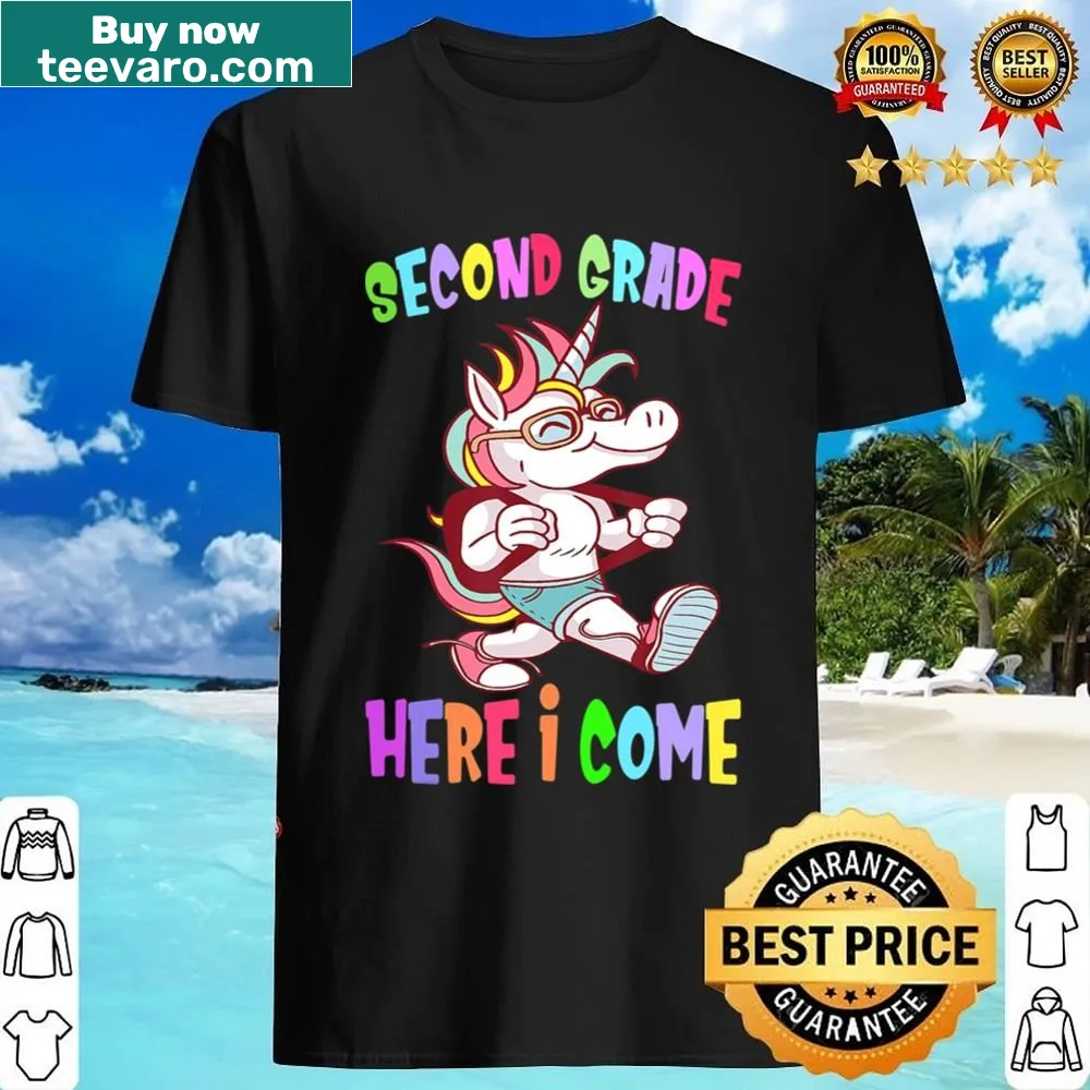 Unicorn-themed shirt with text '2nd Grade Here I Come' for kids
