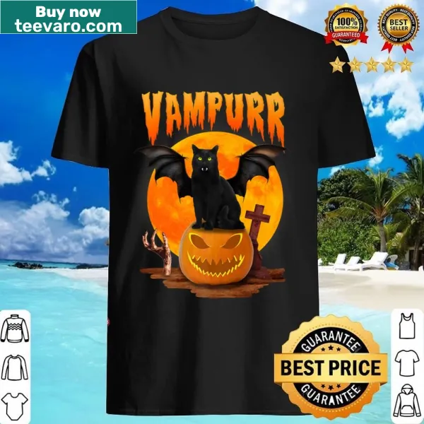 Illustrated T-shirt featuring a vampire black cat with a pumpkin for Halloween.