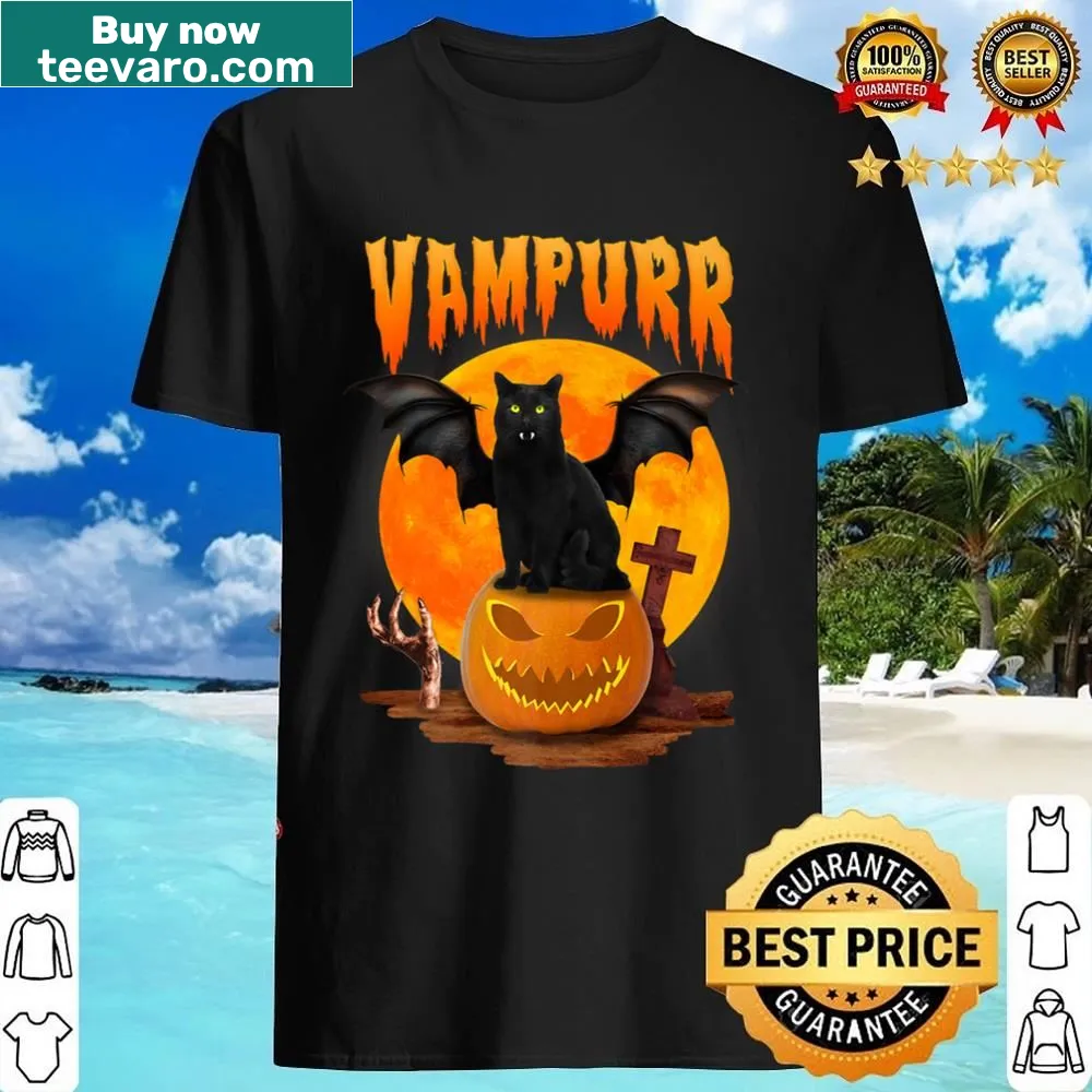 Illustrated T-shirt featuring a vampire black cat with a pumpkin for Halloween.