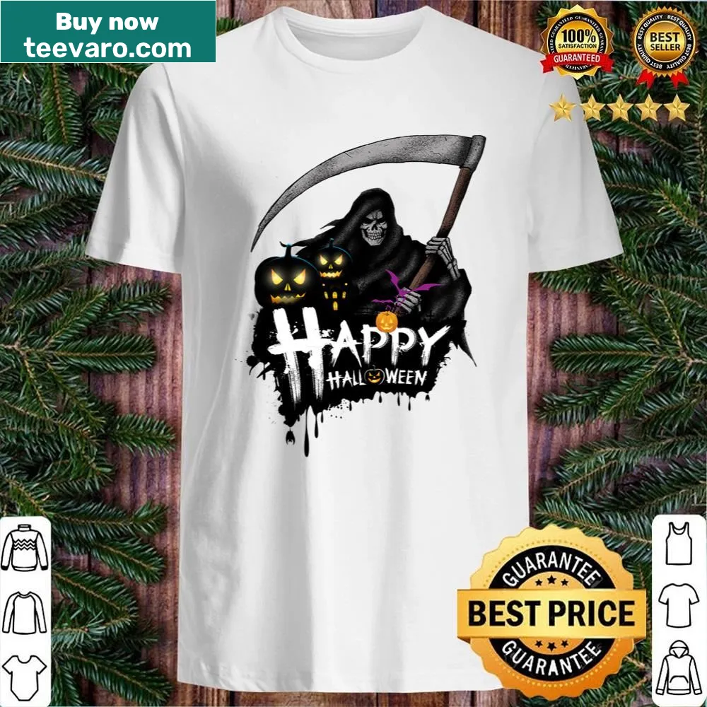 Halloween shirt with a black cat, pumpkin, and death monster graphic