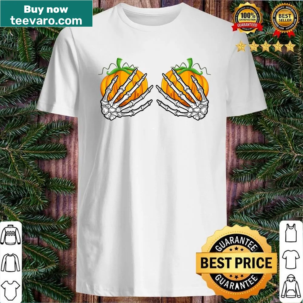 Shirt with skeleton hands holding pumpkins for Halloween