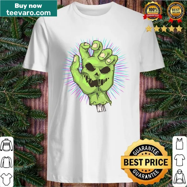 Zombie hand reaching out in a horror-themed design