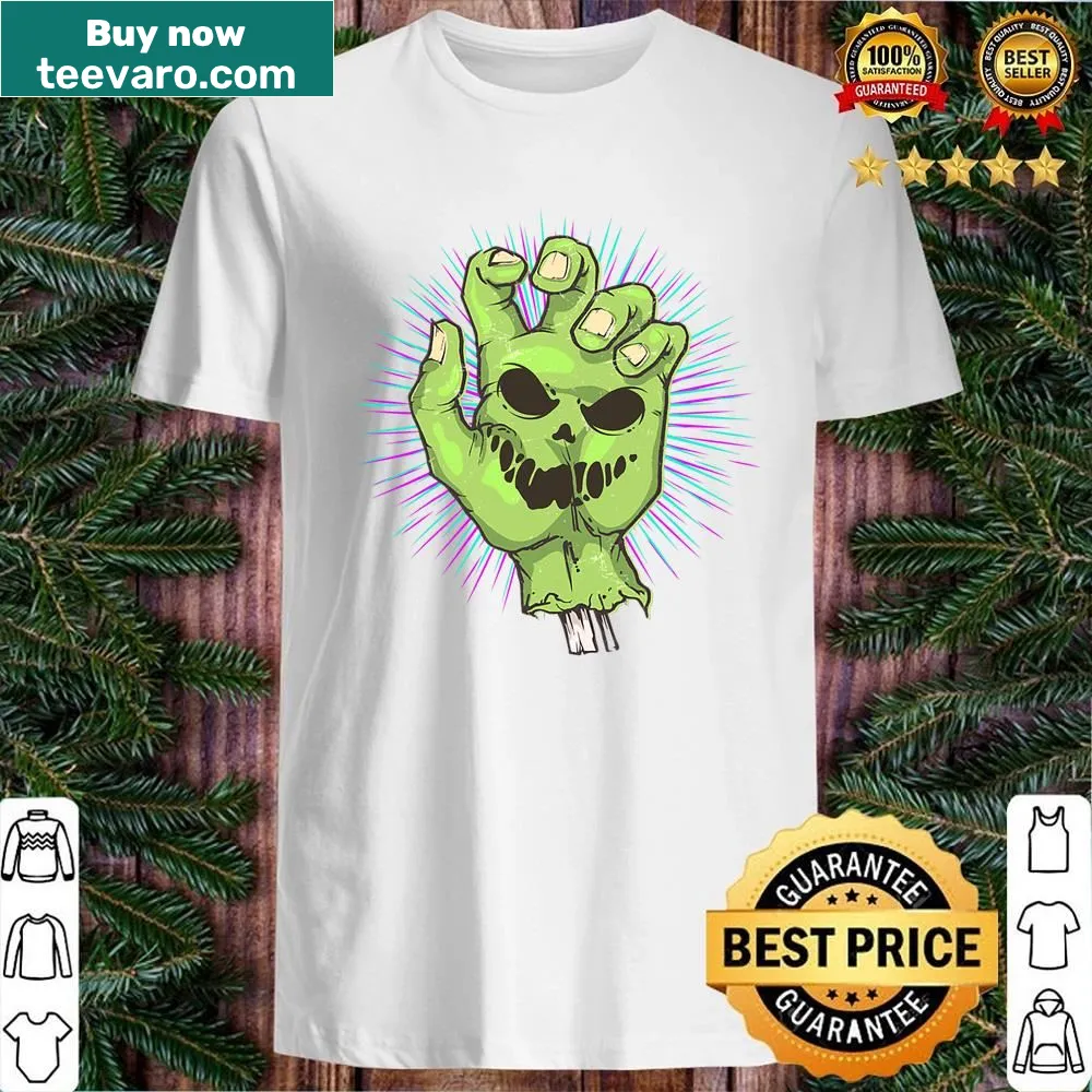 Zombie hand reaching out in a horror-themed design