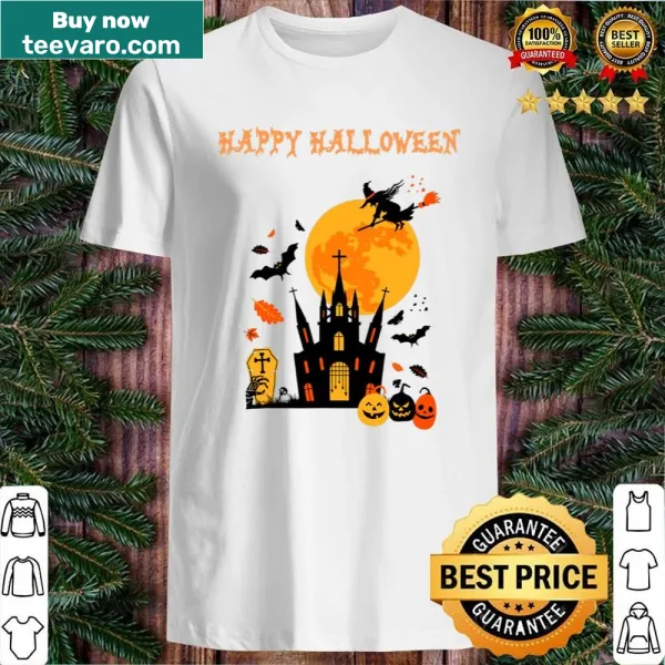 Cute Halloween shirt with haunted house and cheerful pumpkin design