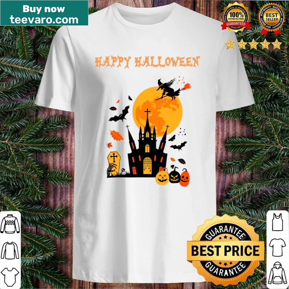 Cute Halloween shirt with haunted house and cheerful pumpkin design