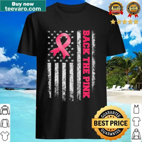 Shirt with an American flag and pink ribbon for breast cancer awareness