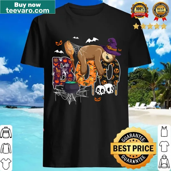 Kids Halloween shirt with a sloth in a witch hat saying 'Boo'