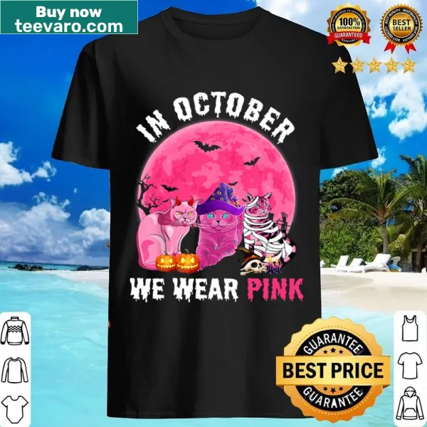 Whimsical witch cat t-shirt featuring a breast cancer awareness theme