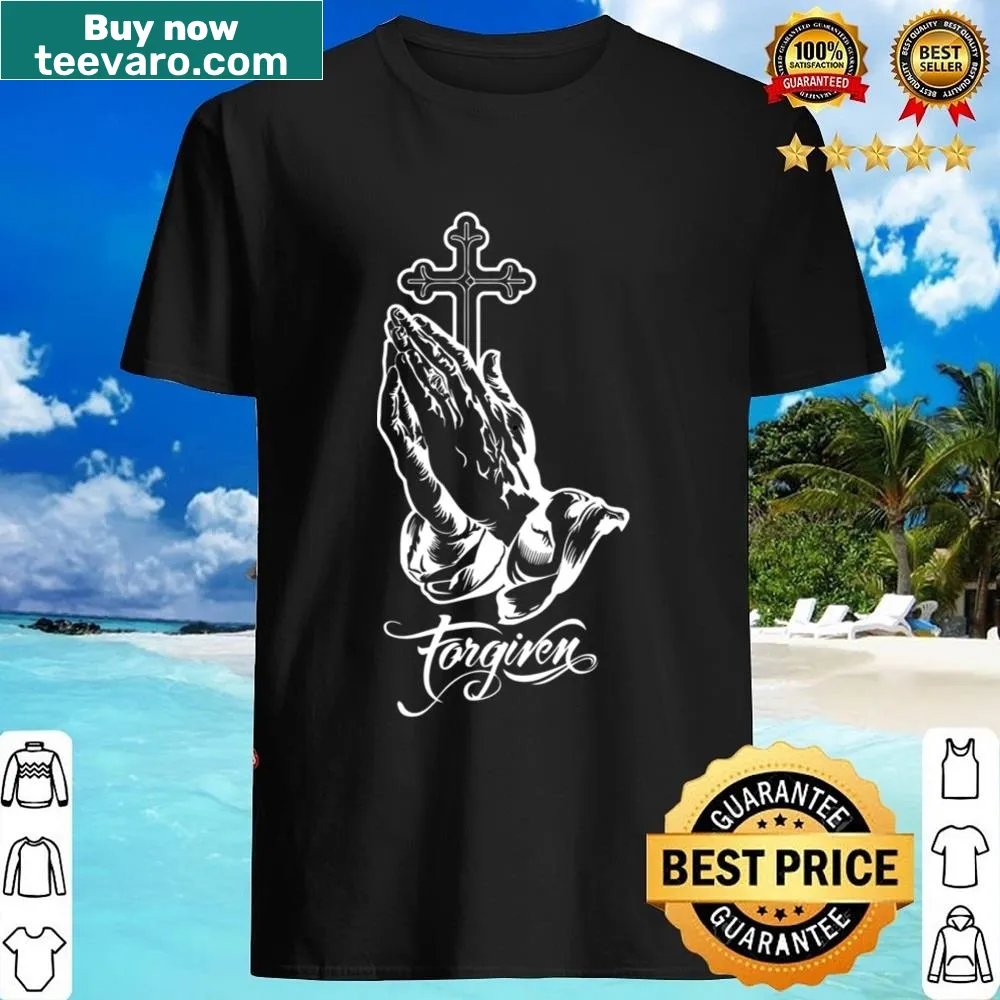 Illustration of praying hands and a cross on a shirt