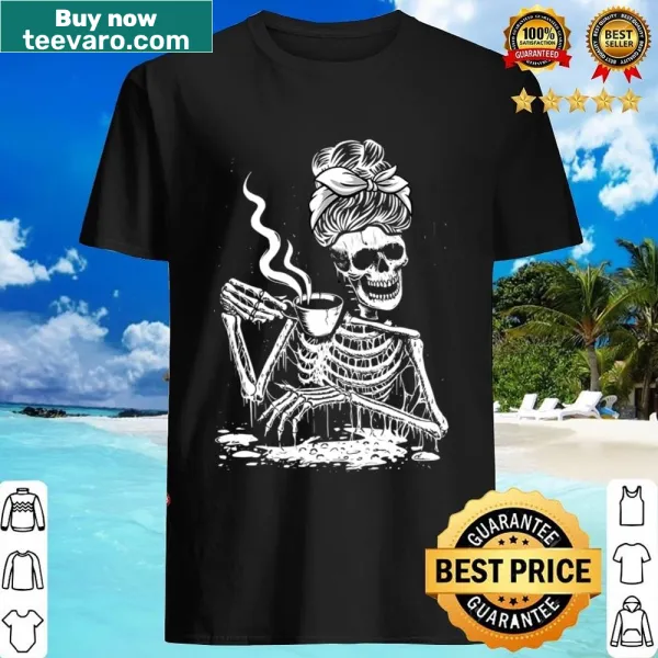 Skeleton cartoon design enjoying coffee for Halloween.